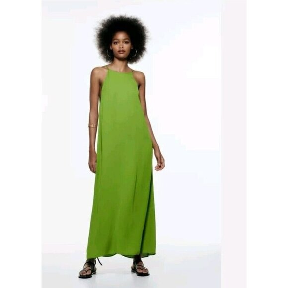 ZARA Dress WOMAN NWT EFFECT HALTER Spli Green 4437 080 Small 18" Ptp Viscose - Picture 2 of 9
